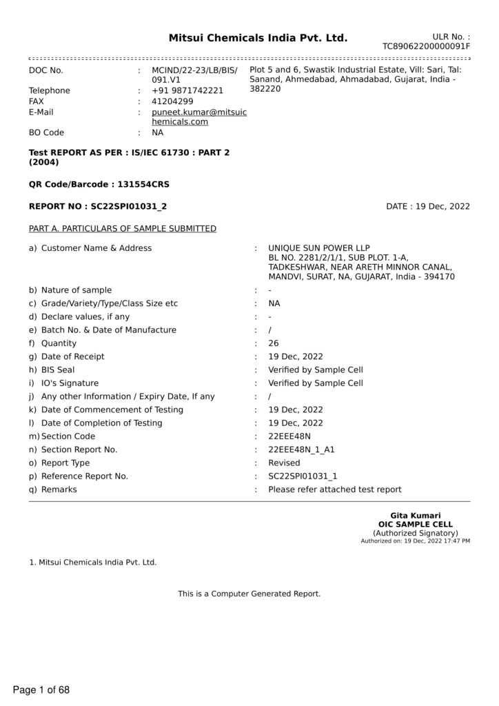 ISIEC 61730-2 MONOPERC